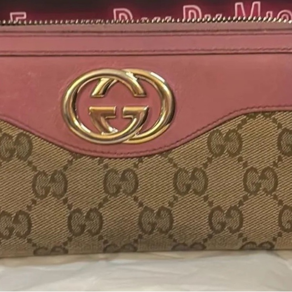 Gucci Brown GG Supreme Continental Wallet with Pink Trim and Gold Hardware W/COA